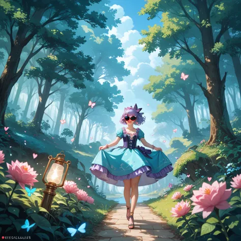 A young girl stands in the heart of an enchanted forest, surrounded by misty trees and drifting stardust. Moonlight cascades onto her lilac dress, and in her hand, she holds a glowing lantern that releases tiny butterflies into the air. The sky above is ca...