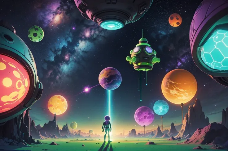 " An art-style scene inspired by Rick and Morty ,  with cartoonish features and vibrant details .  The universe is portrayed with a psychedelic background filled with vivid colors such as fluorescent greens ,  intense purple and shades of orange , with neb...