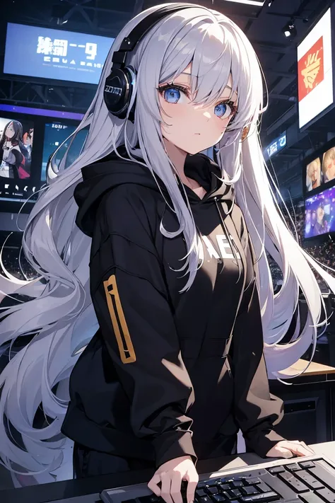  woman using big screen computer、silber hair、 semi-long hair、 Wear Cool Headphones ,{{{{{{{{  Black Hoodie Oversized }}}}}}}},Beautiful delicate golden eyes ,Thinking,Black clothes,