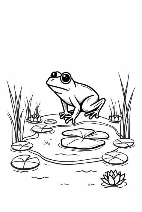 A frog jumping or resting on a lily pad in a calm pond. The frog has large eyes and well-defined legs, with clear lines showing its smooth body. Around it, there are other floating lily pads and some simple lotus flowers in the water. The pond is surrounde...