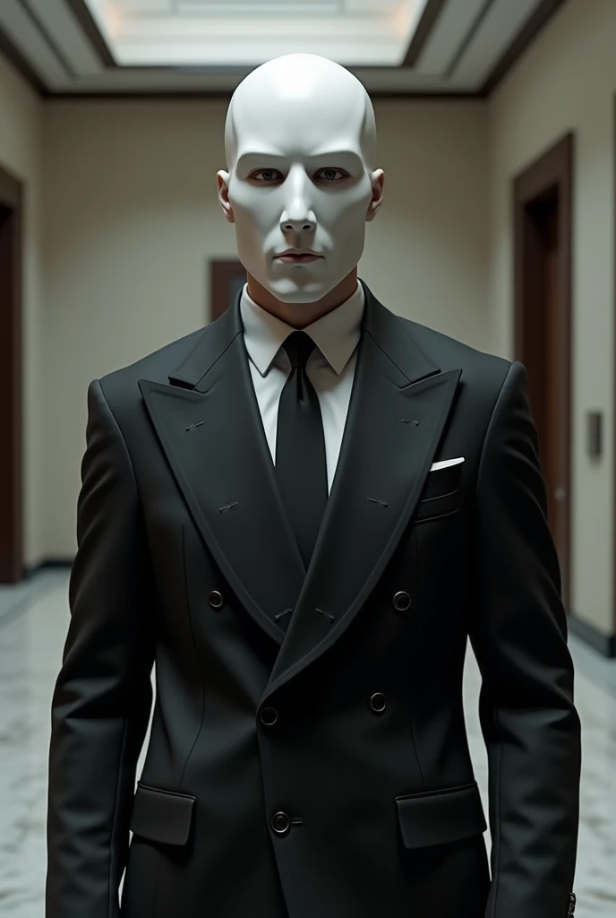 Create a man with a white mask and a front suit