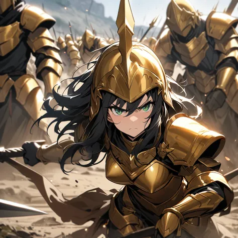 
masterpiece, best quality, 1 girl, black long messy hair, green eyes, golden armor, spear, perky breasts, battlefield, serious expression, roman helmet
