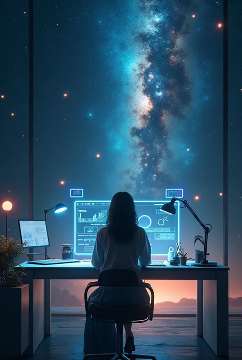 Female designer seated at a design table around the universe 
