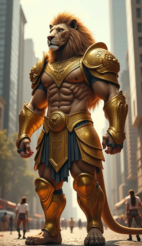 Lion with human body and the golden lion armor of the knights of the zodiac, realistic image in a popular environment