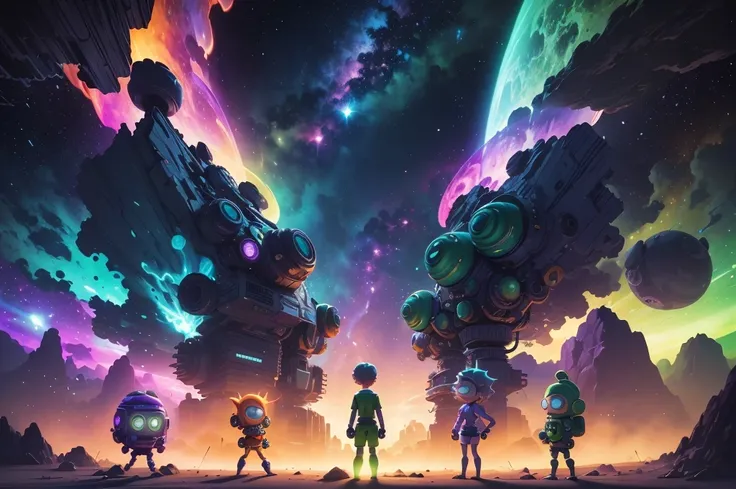 " An art-style scene inspired by Rick and Morty ,  with cartoonish features and vibrant details .  The universe is portrayed with a psychedelic background filled with vivid colors such as fluorescent greens ,  intense purple and shades of orange , with neb...