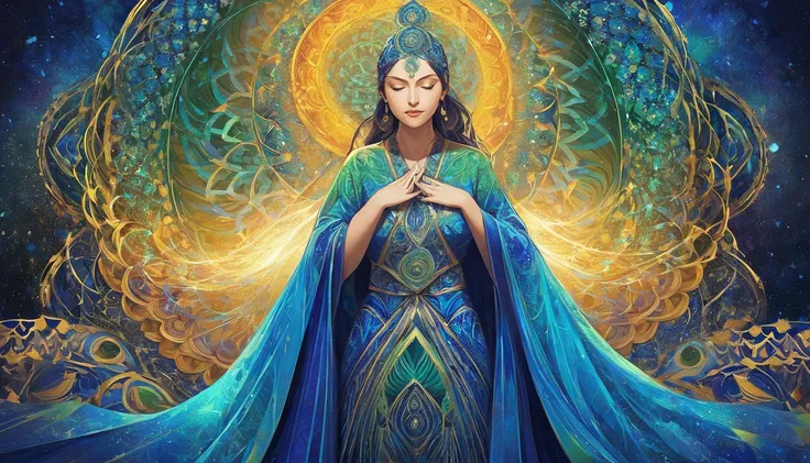 A woman with her eyes closed ,  with an intense energy pulsating around you . Around you,  there are energy waves that form mandalas and vibration patterns ,  creating a magnetic field .  Energy is represented as lines and fluid forms that interact with th...