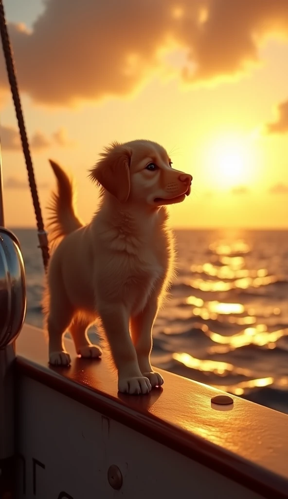  Ultra-realistic portrait of an adorable golden retriever puppy standing on the bow of a ship, ears waving in the wind ,  recreating the iconic Titanic flight scene . Behind him,  a puppy holds the puppys front paws gently . The ocean shines under a brilli...