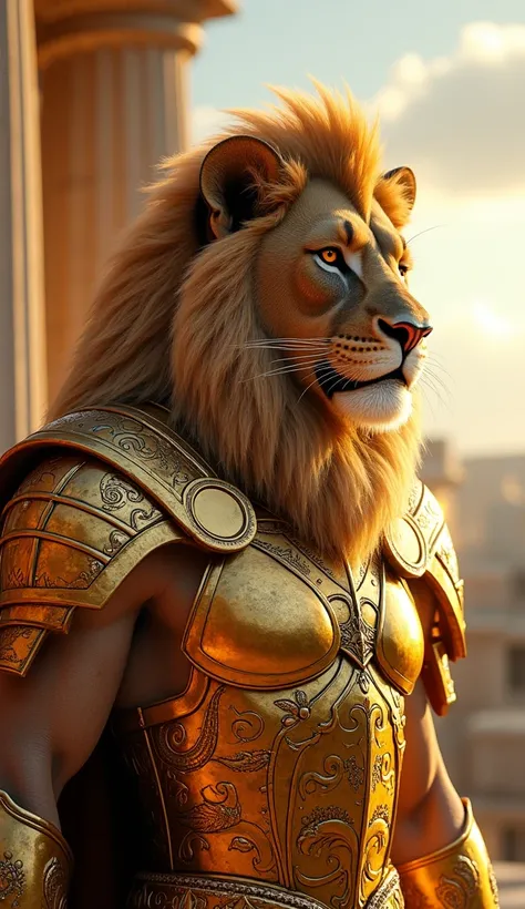 A majestic lion with the body of a powerful human, adorned in golden lion armor inspired by the Knights of the Zodiac. The intricate armor glows with a radiant golden hue, featuring detailed engravings of ancient symbols and lion motifs. The lions majestic...