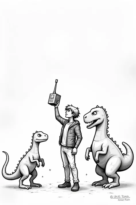 Dax holding up his communication device, a simple box with an antenna, towards both a dinosaur and a human-like hybrid.  Both are looking wary but curious.easy to draw please 