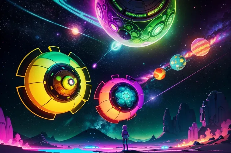 " An art-style scene inspired by Rick and Morty ,  with cartoonish features and vibrant details .  The universe is portrayed with a psychedelic background filled with vivid colors such as fluorescent greens ,  intense purple and shades of orange , with neb...