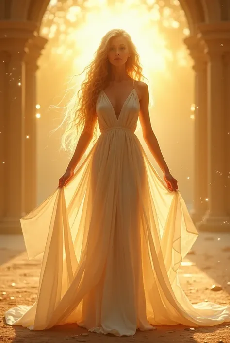  Image of the sun goddess, in a beautiful light dress ,  full length,  with long hair  