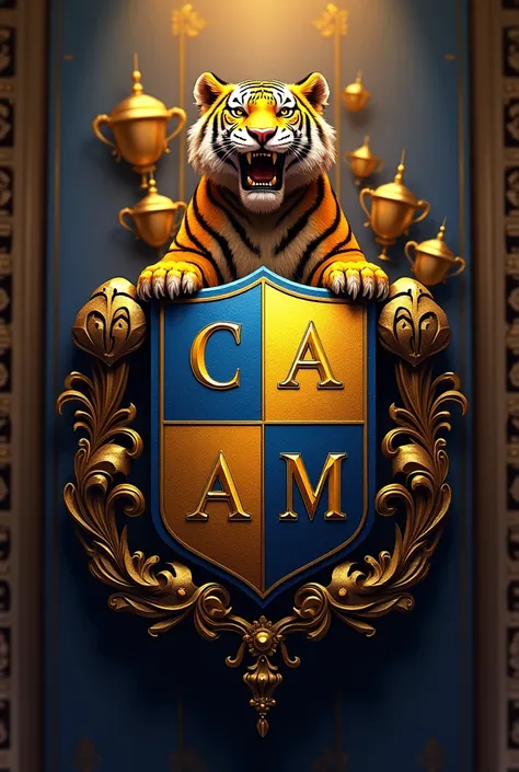 Create a shield with the letters C A M in the colors yellow and blue that hangs from this shield a tiger and that carries trophies around it