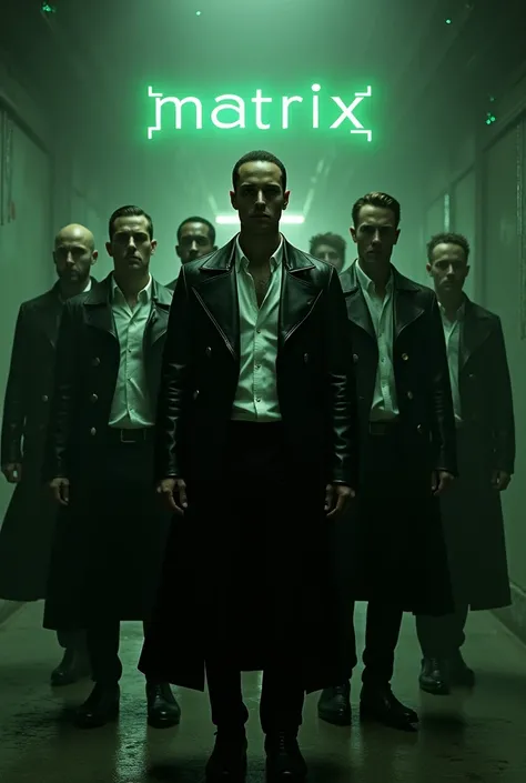 Draw a group of people wearing clothes similar to those from The Matrix. Include elements from the movie and write Matrix  in green. It should be a group of people, but darker picture, mystery and Matrix movie vibes, there is a men group
