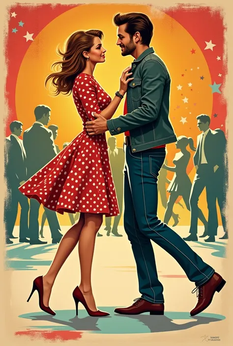 Create a poster with an older touch from the 60s with the name  "Baila Beat 60 "  featuring a woman in a polka dot dress and heels dancing with a man in jeans and toe shoes with a jacket