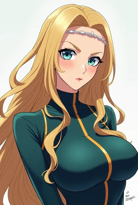 My Hero Academia Simple style ,Women, high,dominant,big eyes color ocean ,long light blond hair tiered and a little long hair band