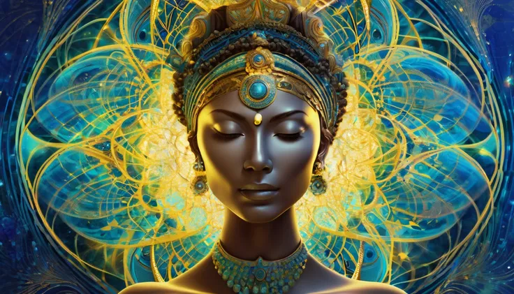 A woman with her eyes closed ,  with an intense energy pulsating around you . Around you,  there are energy waves that form mandalas and vibration patterns ,  creating a magnetic field .  Energy is represented as lines and fluid forms that interact with th...