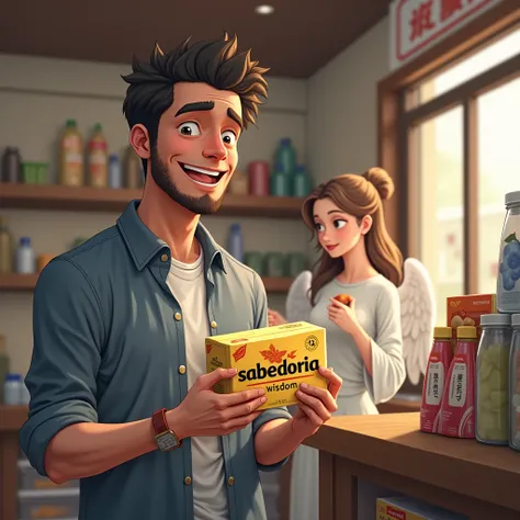 Realistic image of happy man observing package written "sabedoria" in a convenience store with a woman angel at the counter