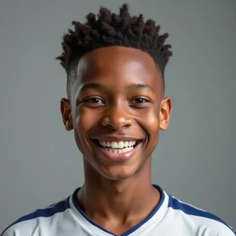 (gray background:1.5, Close shot:1), ( photorealistic :1.4), ( best quality :1.0), ( ultra high resolution :1.0), 8k, foto RAW, (masterpiece:0.2), 1 , beautiful skin, detailed skin, big smile, Teeth, ( short hair:1), (soccer uniform:1.2)