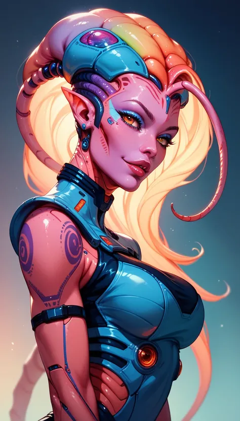 Ancient Extraterrestrial Creature, Alien Being, ((Non-Human)), Female seductive Alien, colorful skin, Alien Biopunk, Futuristic Alien clothes, Seductive Alien technology