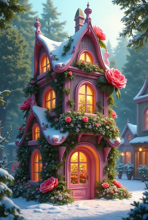 a house of big flowers stands alone in the middle of the forest A snowy flower shop in pink tones with bouquets of flowers behind a glass showcase on a snowy New Years street in the city with good quality European-style garlands hanging around the snow-cov...