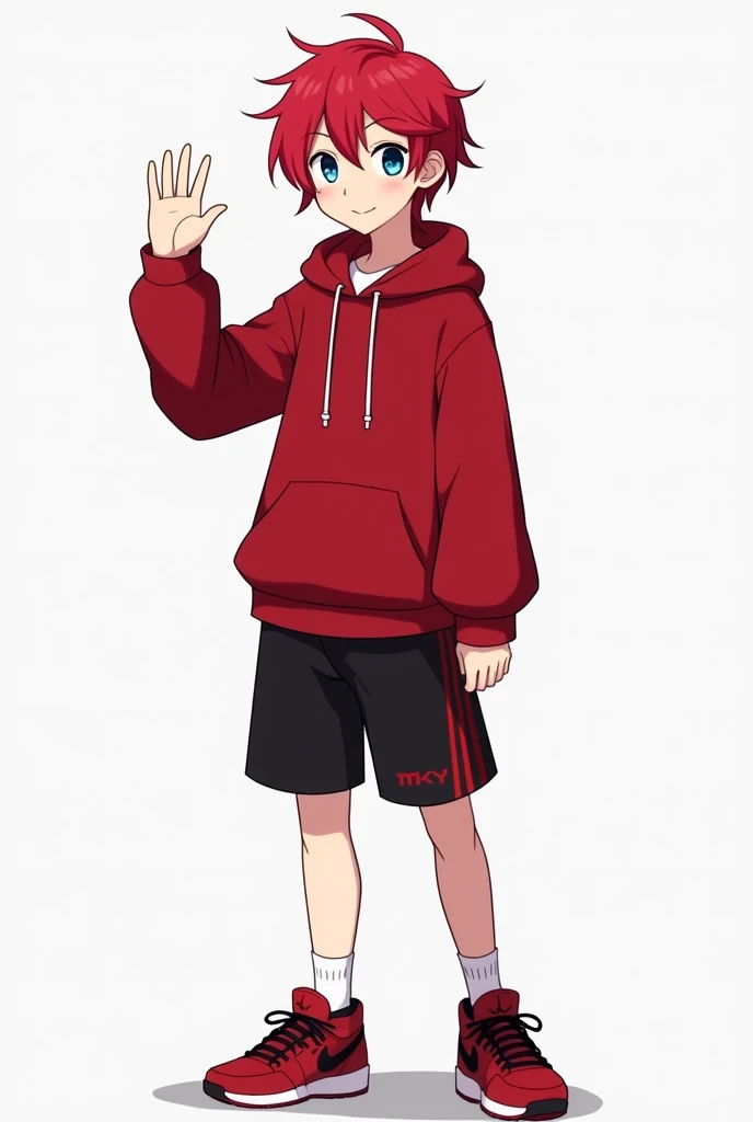  create a 2D image of an Adult Male Vtuber  , anime,  with medium hair that reaches up to the ear , red hair color that reaches the cheek, white pele,, blue eyes, large red hoodie with back and long sleeves ,  black shorts that reach up to the middle of th...