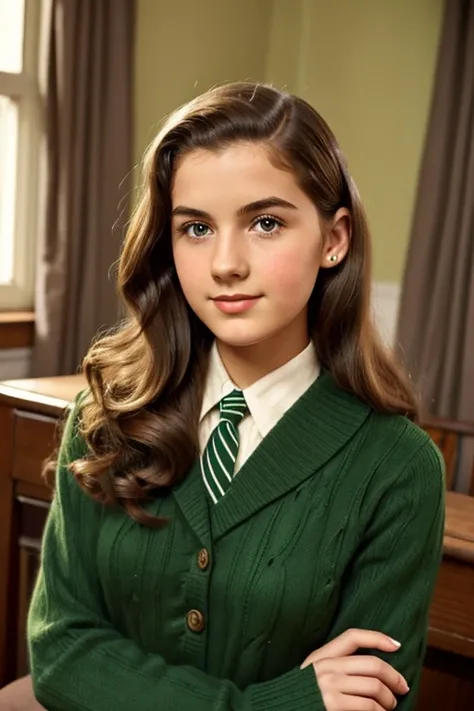 Medium view, of 24 year old, face portrait, jewish features, long hair, brown hair, 1940s hair style, secondary school uniform, green sweater, in cozy 1940s home.