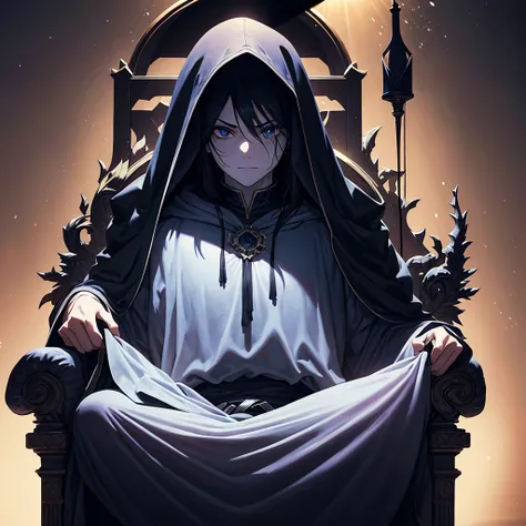 A dark, demon cult leader , resting drinking wine from bottle,  bright  cloaked figure sits on a rough, mountainous throne in a dimly lit chamber.  The figure is entirely shrouded in black fabric, the face and body completely obscured. The cloak drapes hea...