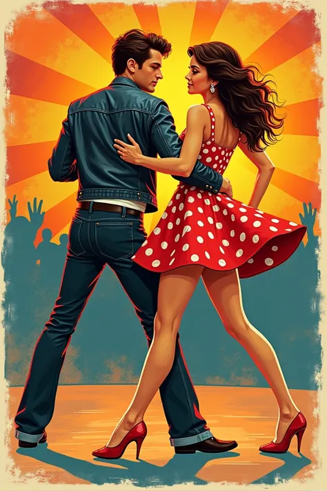 A poster from the 60s , with the name "Baila Beat 60 ,  two couples dancing ,  the woman in the polka dot dress and heels ,  the man in jeans and a leather jacket