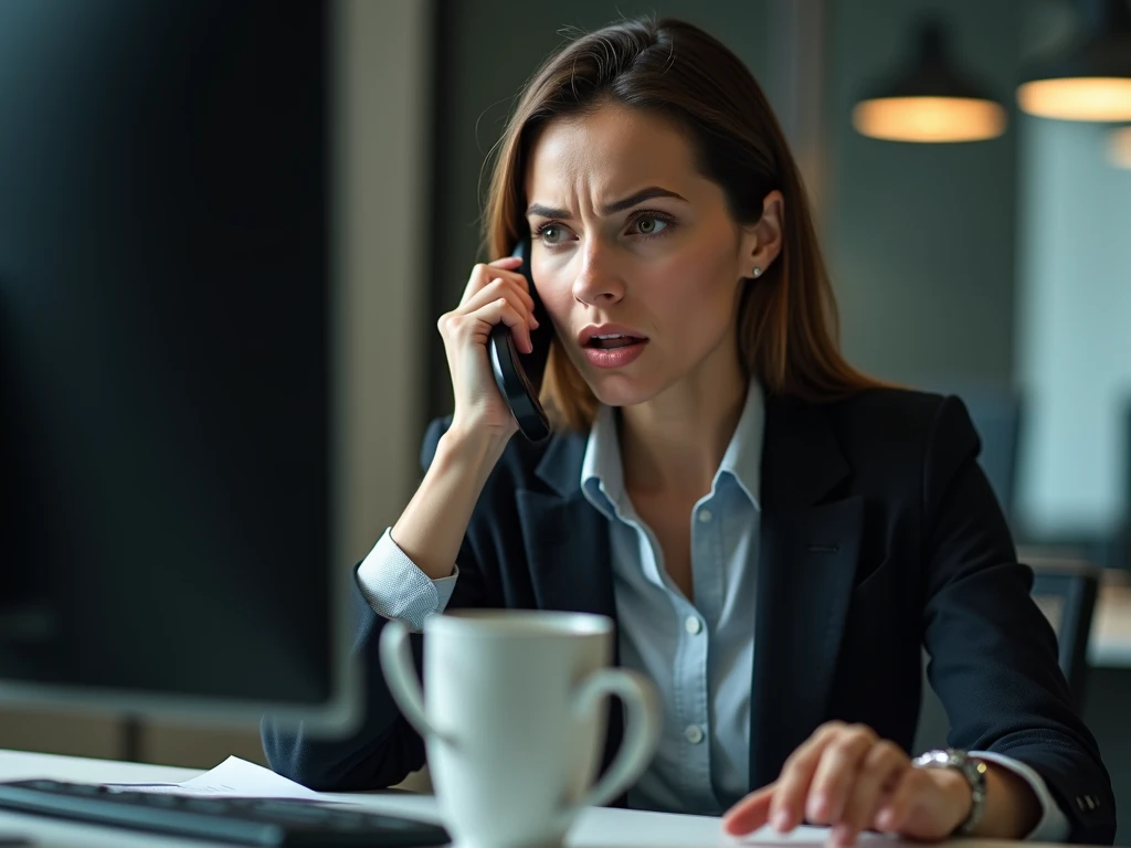 Close-up image of a female secretary who has a call in her office with a worried expression 