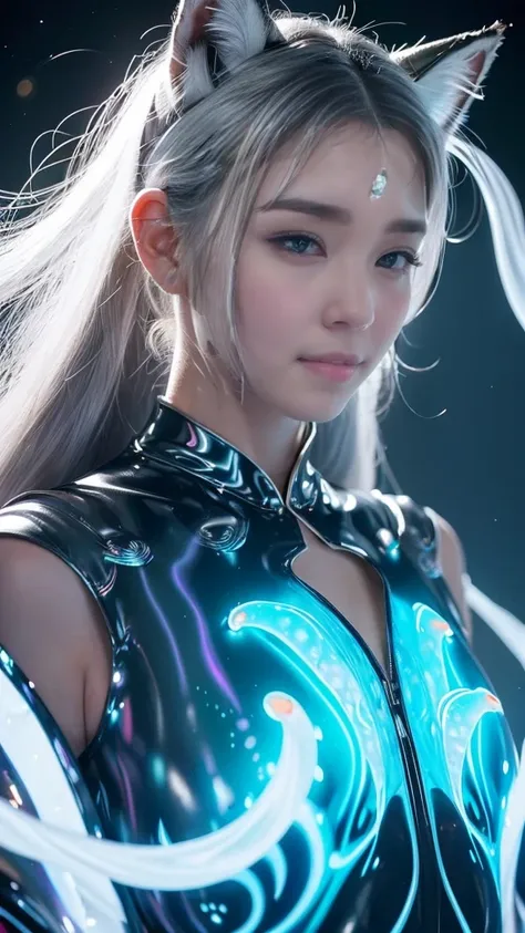 masterpiece,    beautiful and realistic character expression    , Her hair is long, Her hair is a beautiful silver color, Beautiful as silk, Clear, Glowing dimly,   fox-like ears  ,    hairstyle is a ponytail  , And bushy,    Stubby Silver Fox Tail  , 口がwe...