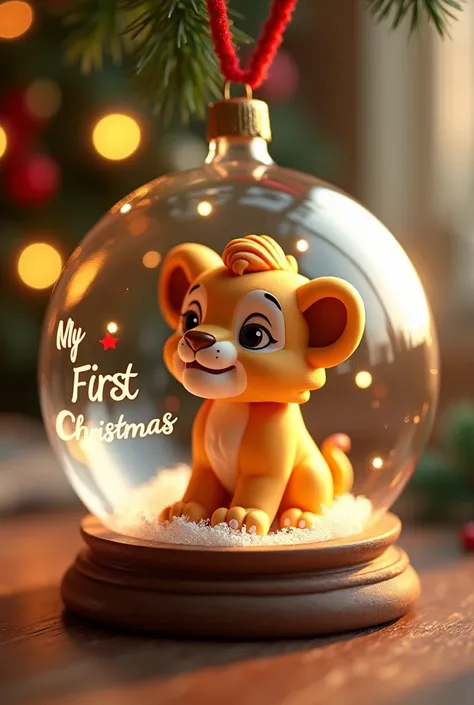 Transparent Christmas ball with cute little lion inside write my first Christmas on the ball on Christmas background 