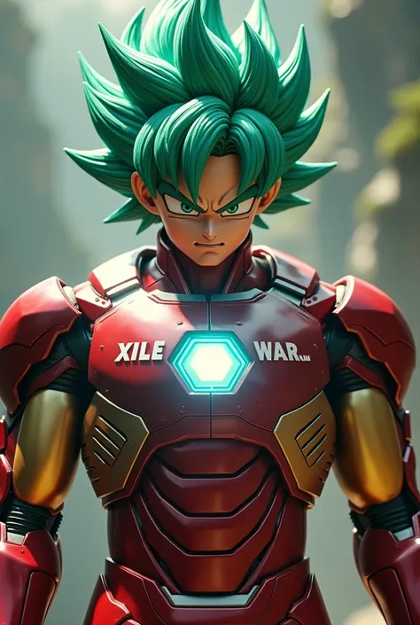  Goku dressed in the Iron Man suit , On your chest say "XILE "  and a shield covering your body say Last War... With his green hair  