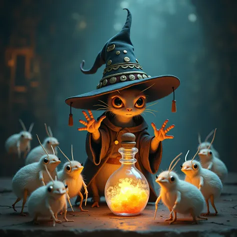 an adult louse in a wizards hat is conjuring over a bottle with a magic potion, there are small white lice around