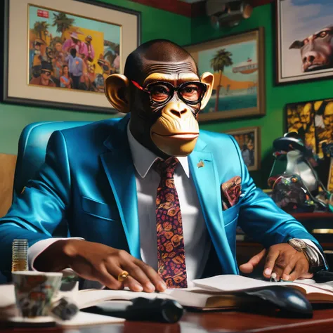 a yue minjun style portrait of a monkey boss in the office, tyler the creator style, fear and loathing in las vegas inspired, dazed magazine editorial, (best quality,4k,8k,highres,masterpiece:1.2),ultra-detailed,(realistic,photorealistic,photo-realistic:1....