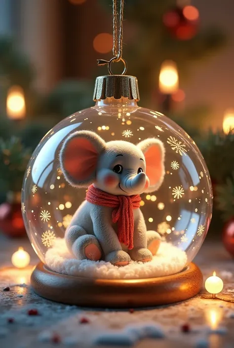 Transparent Christmas ball with cute little elephant inside write my first Christmas on the ball on Christmas background 