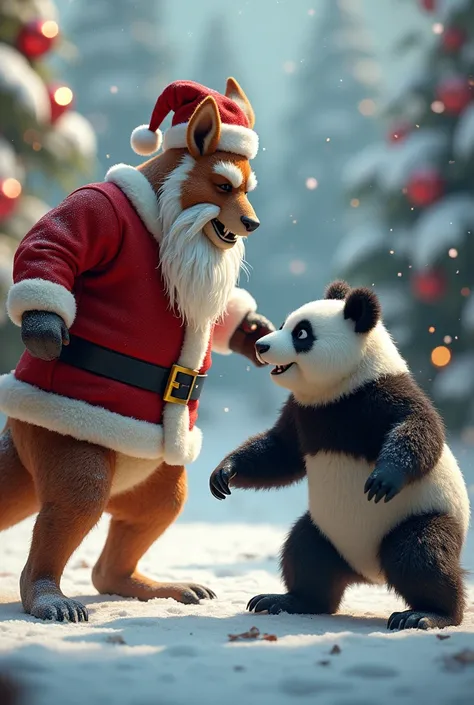 Picture of a strong kangaroo vs Santa Claus and vs a panda