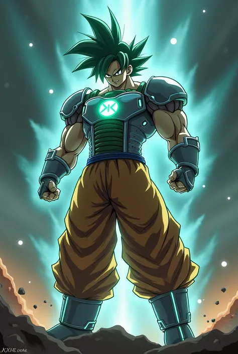  Goku dressed in the Iron Man suit , On your chest say "XILE " And a shield covering his body what do you say "Last War . .. With his green hair  