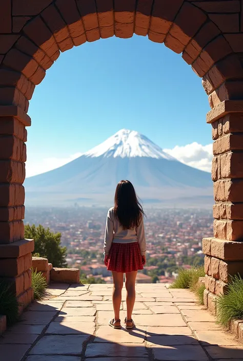 Yanahuara Viewpoint: A viewing point with carved ashlar arches, offering a panoramic view of the city of Arequipa and its three guardian volcanoes, in a quiet and picturesque environment. only stage without people in disney pixar drawing  ,the stage in the...