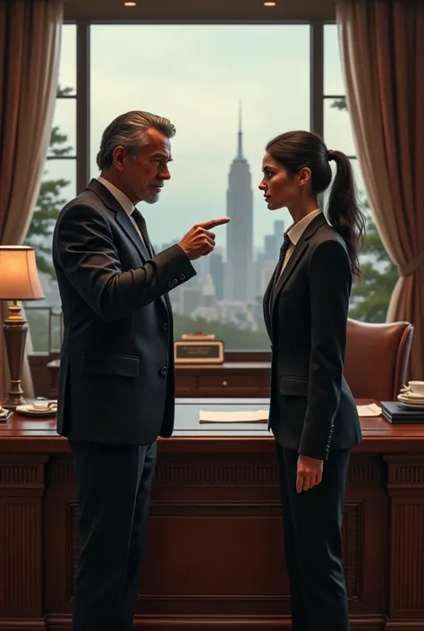 A stern father in a luxurious office, demanding his daughter who is dressed in tomboyish mens clothing to accept an arranged marriage, pointing at her with authority."