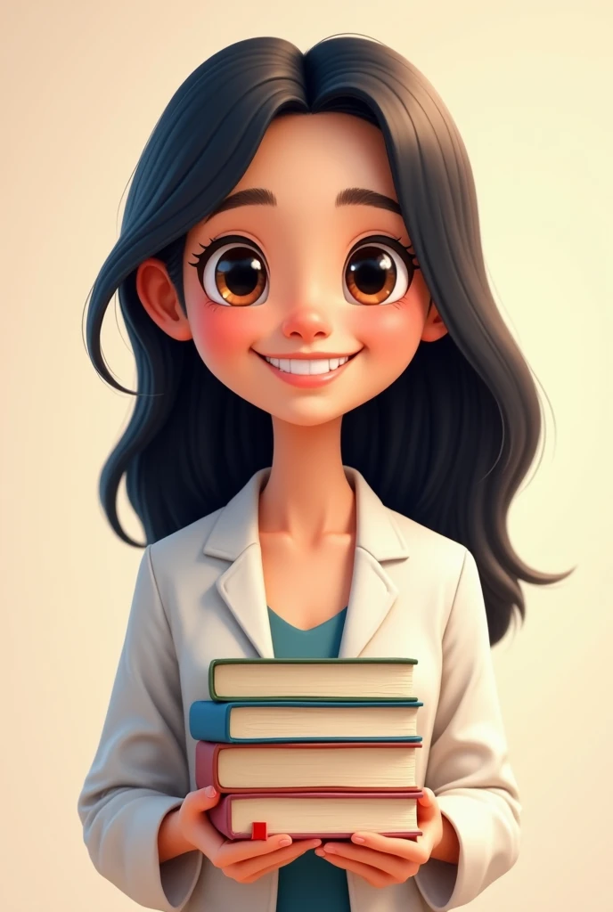 A cute animated psychologist with light brown skin, straight black hair, black eyes,  smiling and looking straight ahead. with books in their hands
