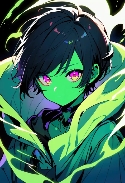 A  male alien with green skin, short black hair with cute eyes.