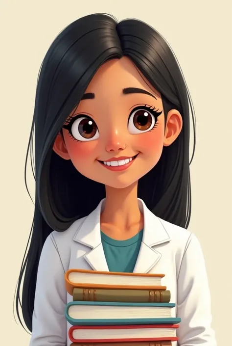  A cute animated psychologist with light brown skin, straight black hair, black eyes,  smiling and looking straight ahead. With books on her chest 
