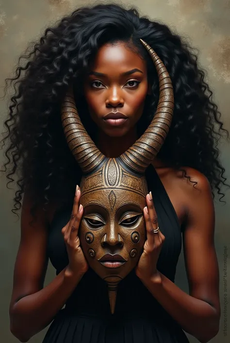 Create the image of a black woman with voluminous wavy hair holding an African mask that features two faces on each side and horns on the top of her head. 