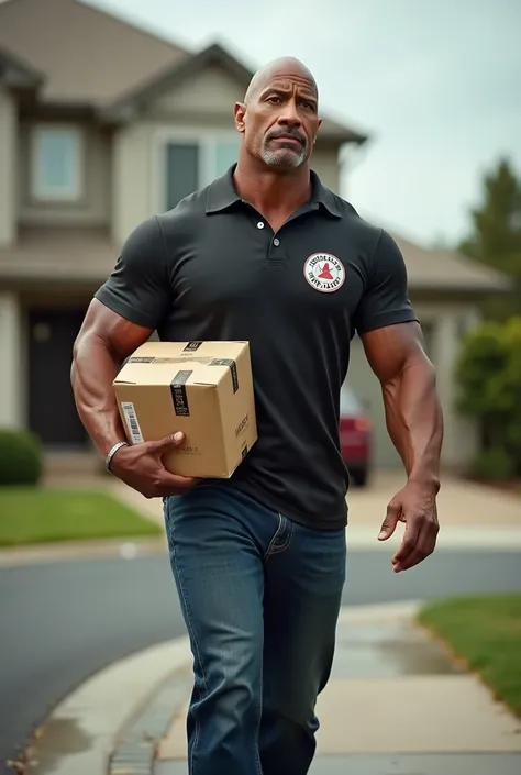 Dwayne Johnson delivering an internet order with a pin on it that says Nobe Sac Postal Services 