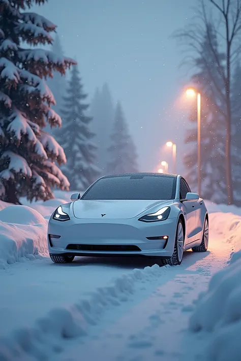 Tesla Model S white evening  ,  shes standing under a flashlight and its snowing 