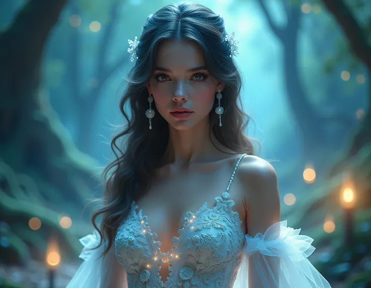 nessa capa te, 1girl, beautiful detailed eyes, beautiful detailed lips, extremely detailed face and portrait, long eyelashes, elegant fantasy dress, ethereal glowing aura, cinematic lighting, fantasy landscape, magical forest, flowing hair, (best quality,8...