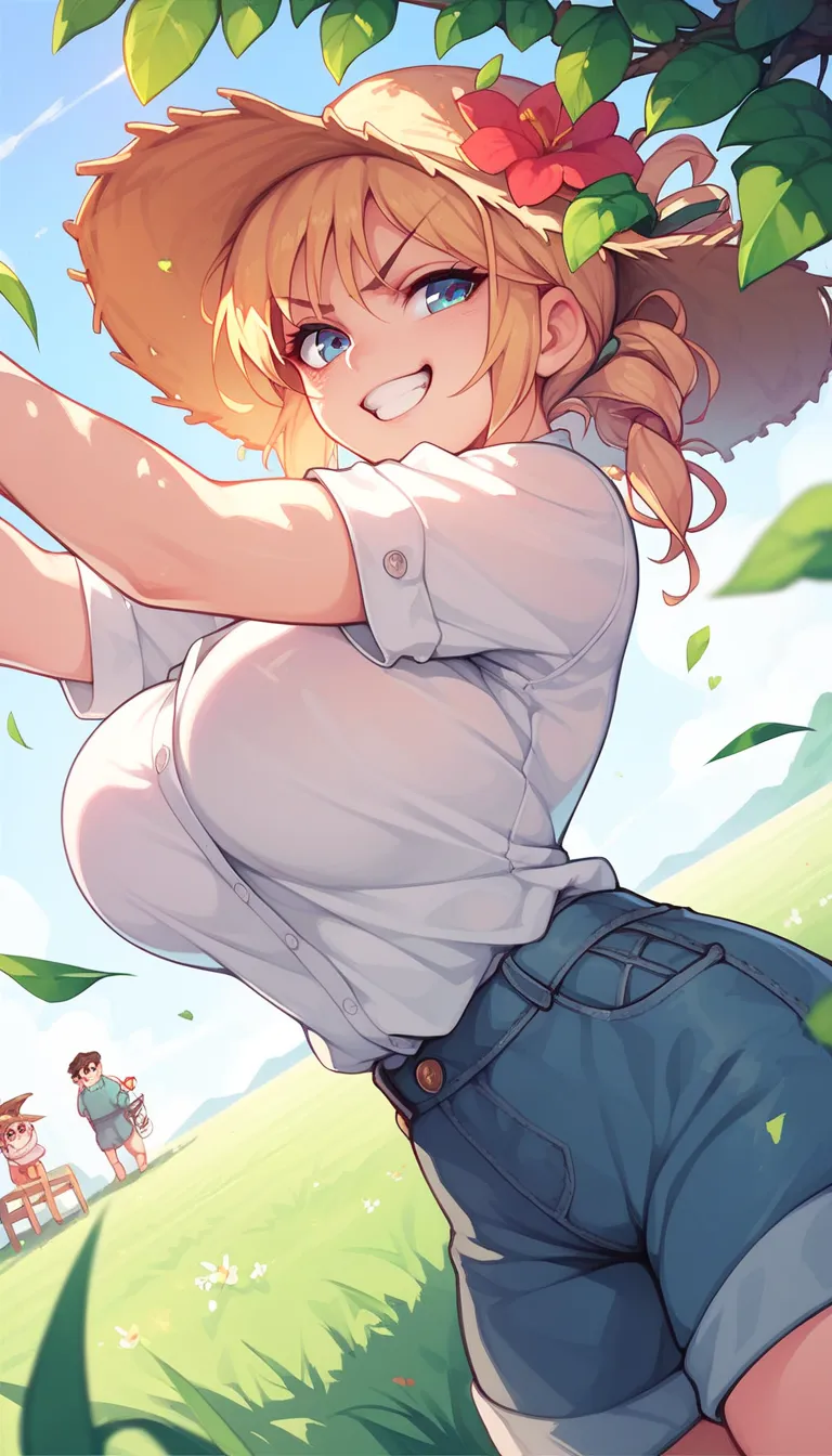 ((busty bitches)), korean girl, ecchi,  farmer girl, determined smile, going to milk the cows, bright sunlight, green grass, dut...