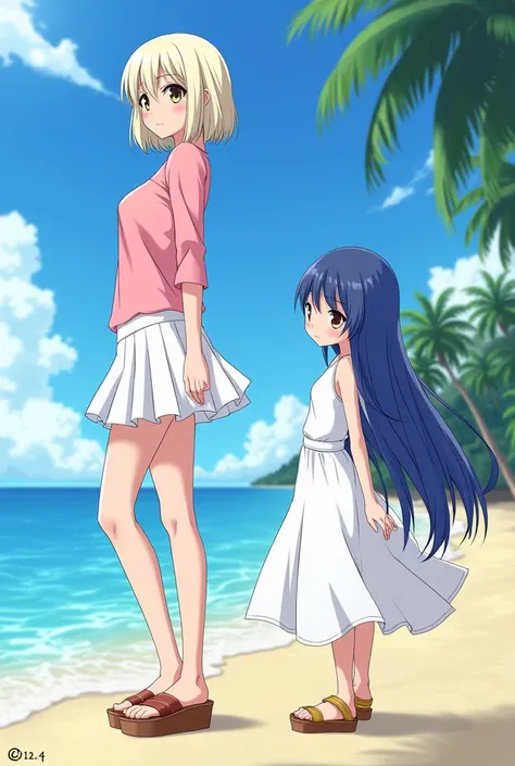 A delightful anime-style illustration featuring two women standing on a sandy beach. The first woman, standing at 1.80m tall, has short, straight platinum blonde hair, wears a pink blouse and a knee-length skirt, and is standing on medium platform sandals....