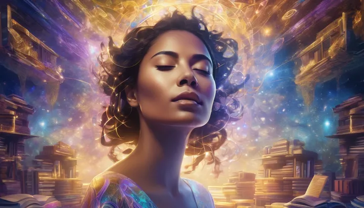  A woman with her eyes closed , sitting in meditation,  with holographic images floating around her ,  representing her dreams — a magnificent house , A stack of books (knowledge),  an exotic journey , a love figure .  The images are made of sparkling ener...