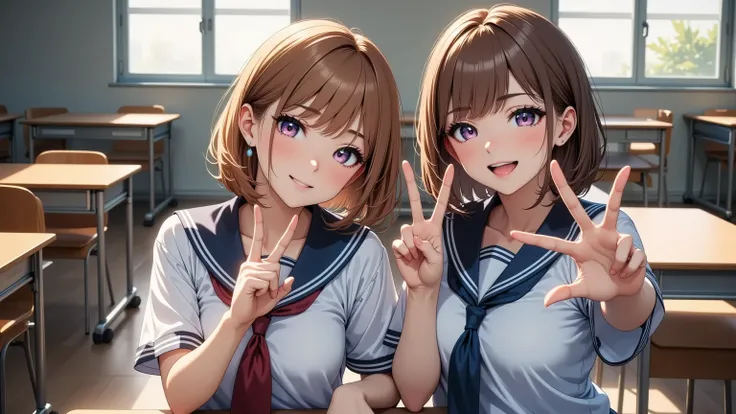 Two high school students, classroom,    happy   , v sign,    school uniform 